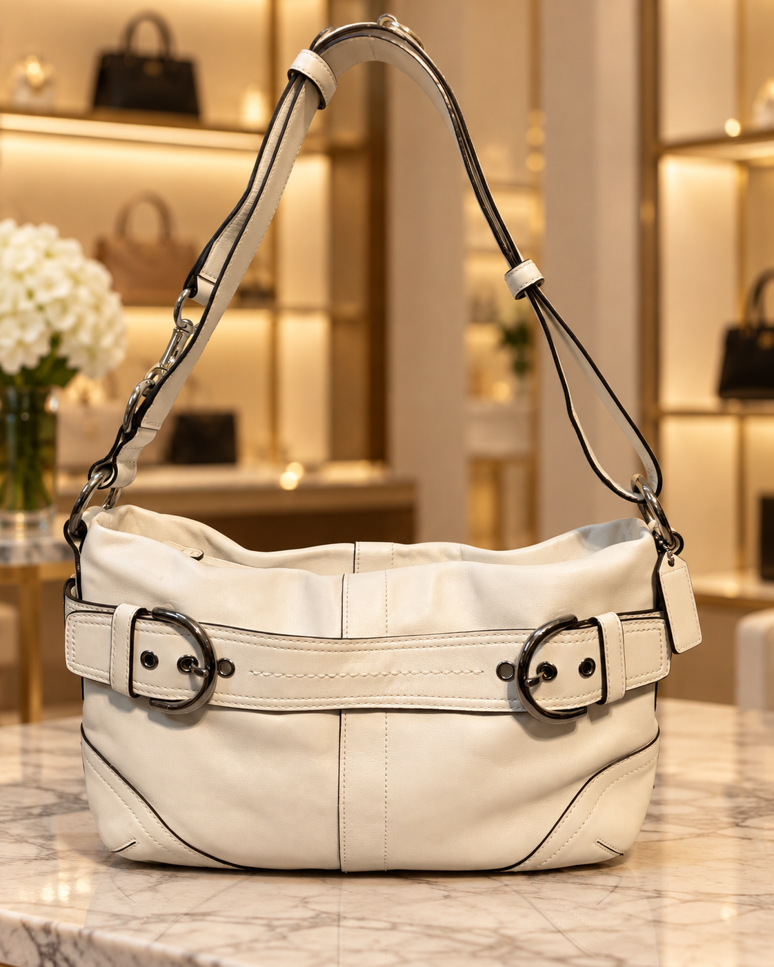 🤍✨ Vintage Coach Soho Double Buckle Shoulder Bag #9412 | Ivory Leather | 2005 👜