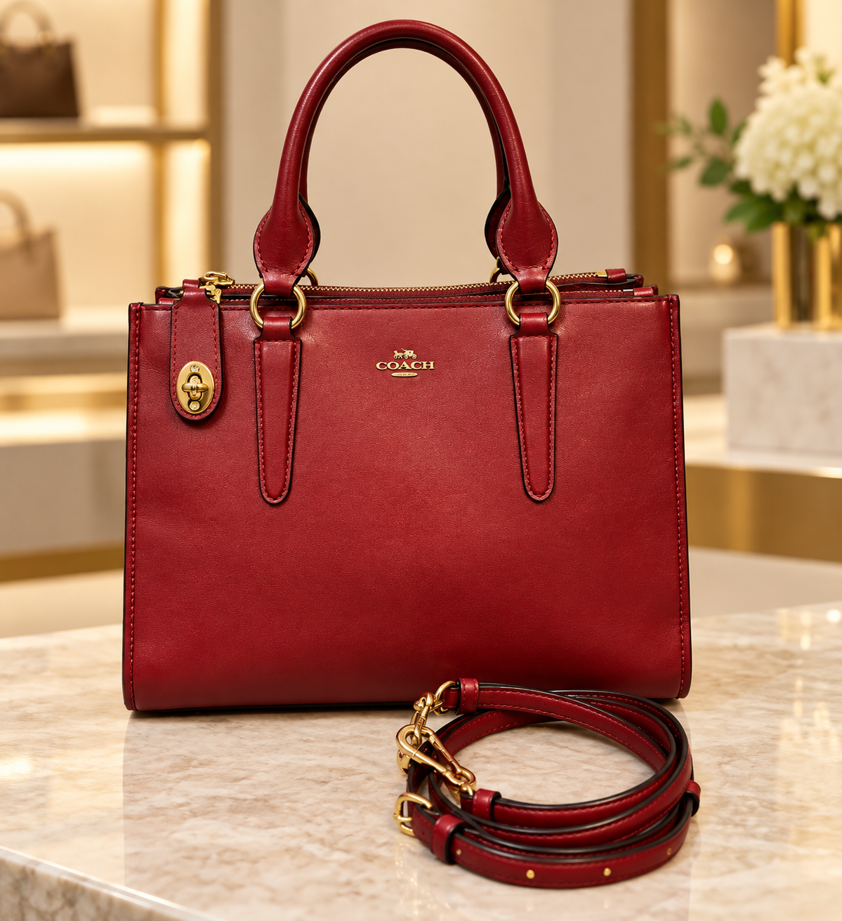 Coach Crosby Carryall Red Leather 3 Compartment Turnlock Crossbody Satchel