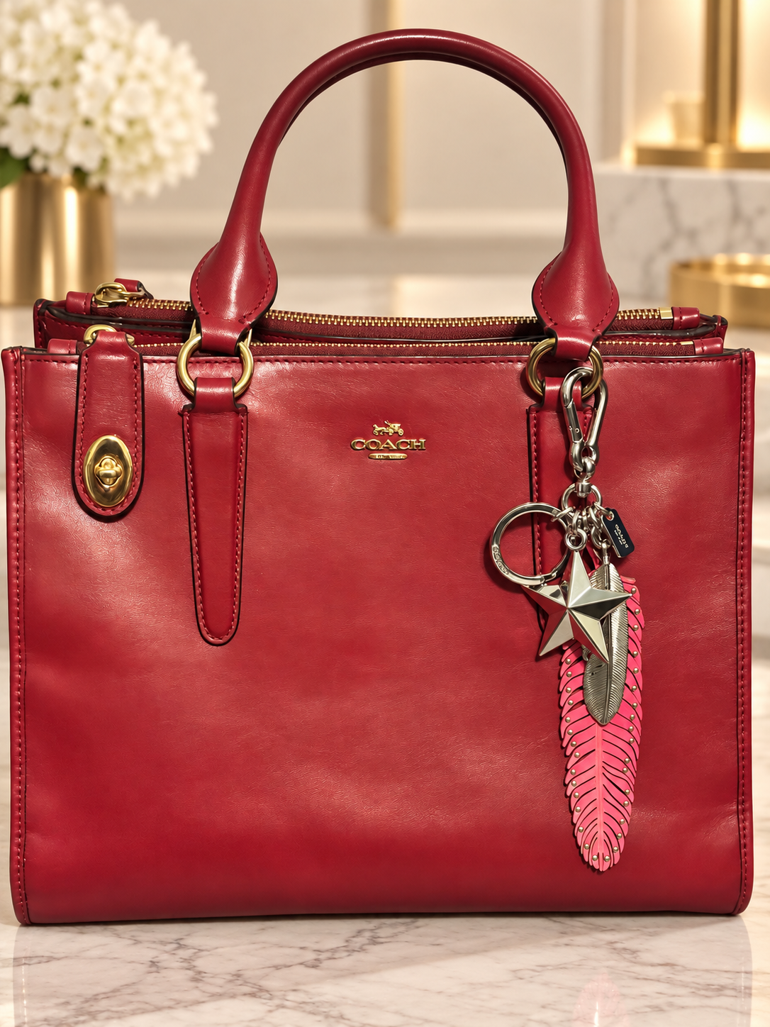 💕 Coach Raspberry Leather Feather Bag Charm | Silver Star & Feather ⭐