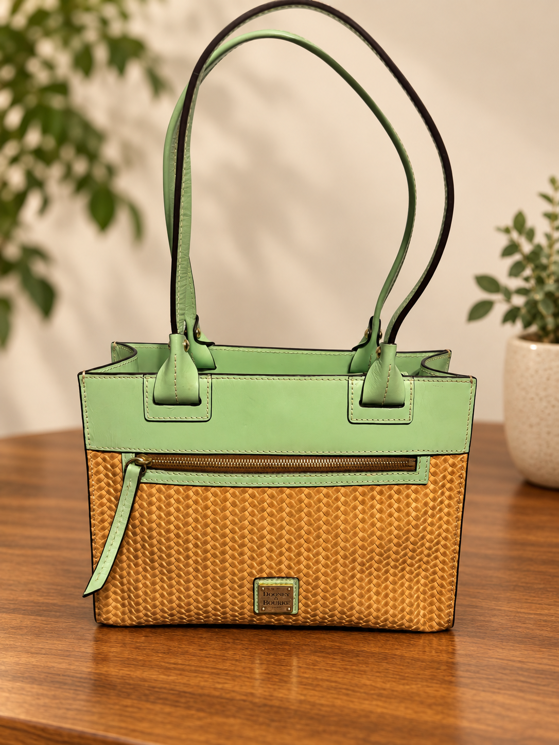 Dooney and Bourke Beacon Woven Leather Mint Green Large Zip Tote