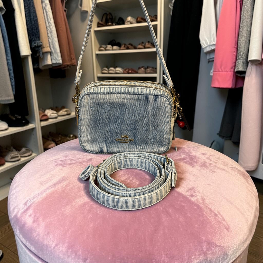 Coach Mini Carey Crossbody Faded Denim w Straps Purple Tag Cherry Charm NWT