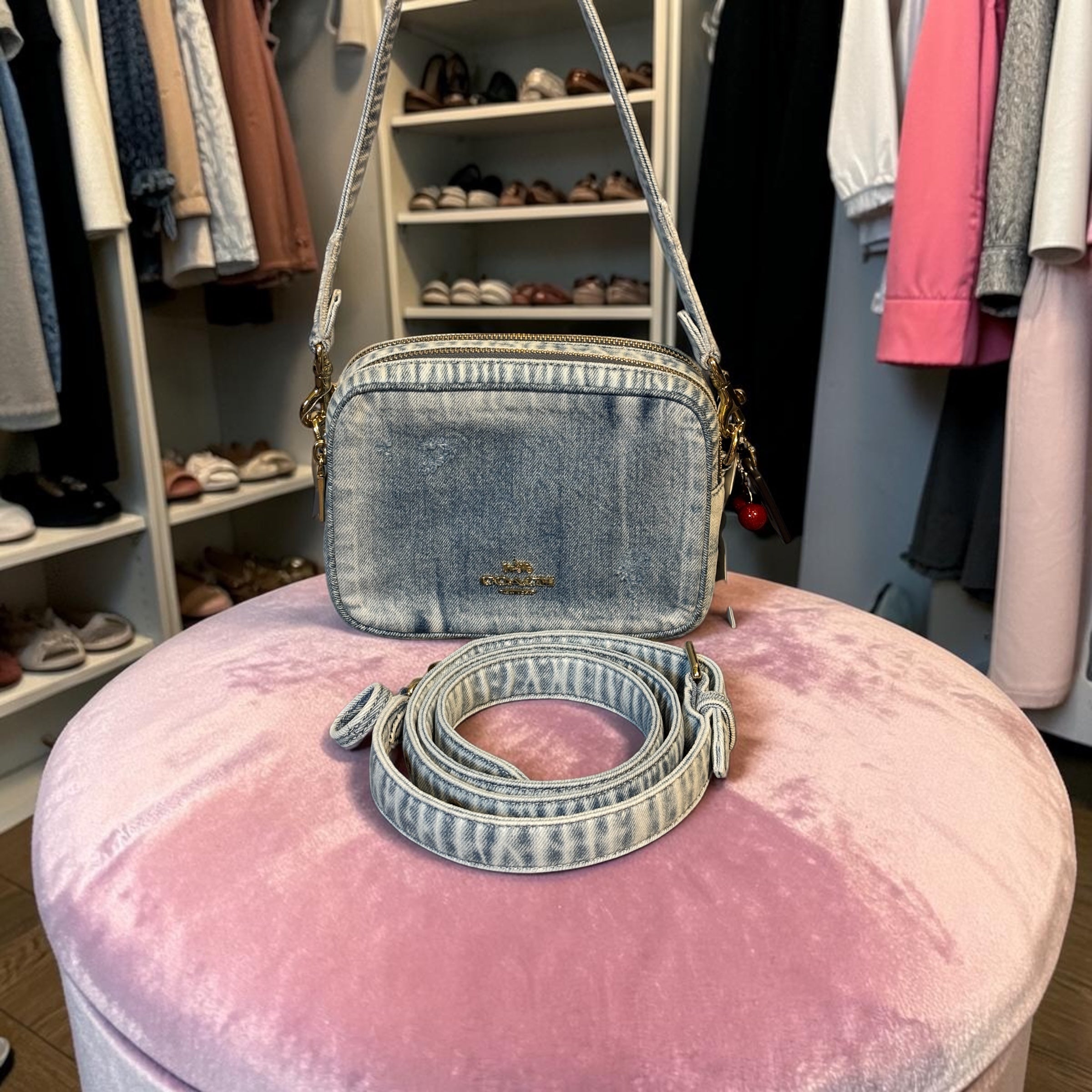 Coach Mini Carey Crossbody Faded Denim w Straps Purple Tag Cherry Charm NWT