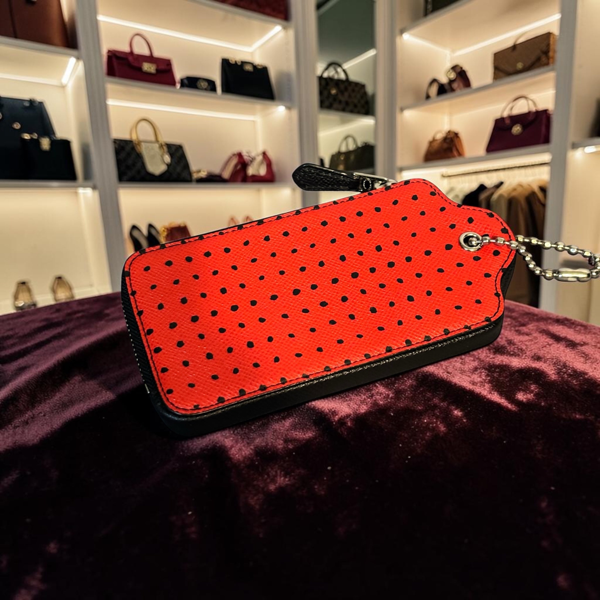 Coach Hang Tag Card Holder Red Black Polka Dot Zip Coin Case Keychain