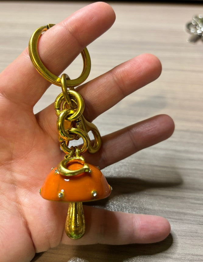 Orange Enamel Mushroom Purse Charm with Gold Tone Hardware