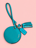 🩵 ✨ Coach Round Compact Mirror Bag Charm | Turquoise Leather with Tassel & Wrist Strap 🪞