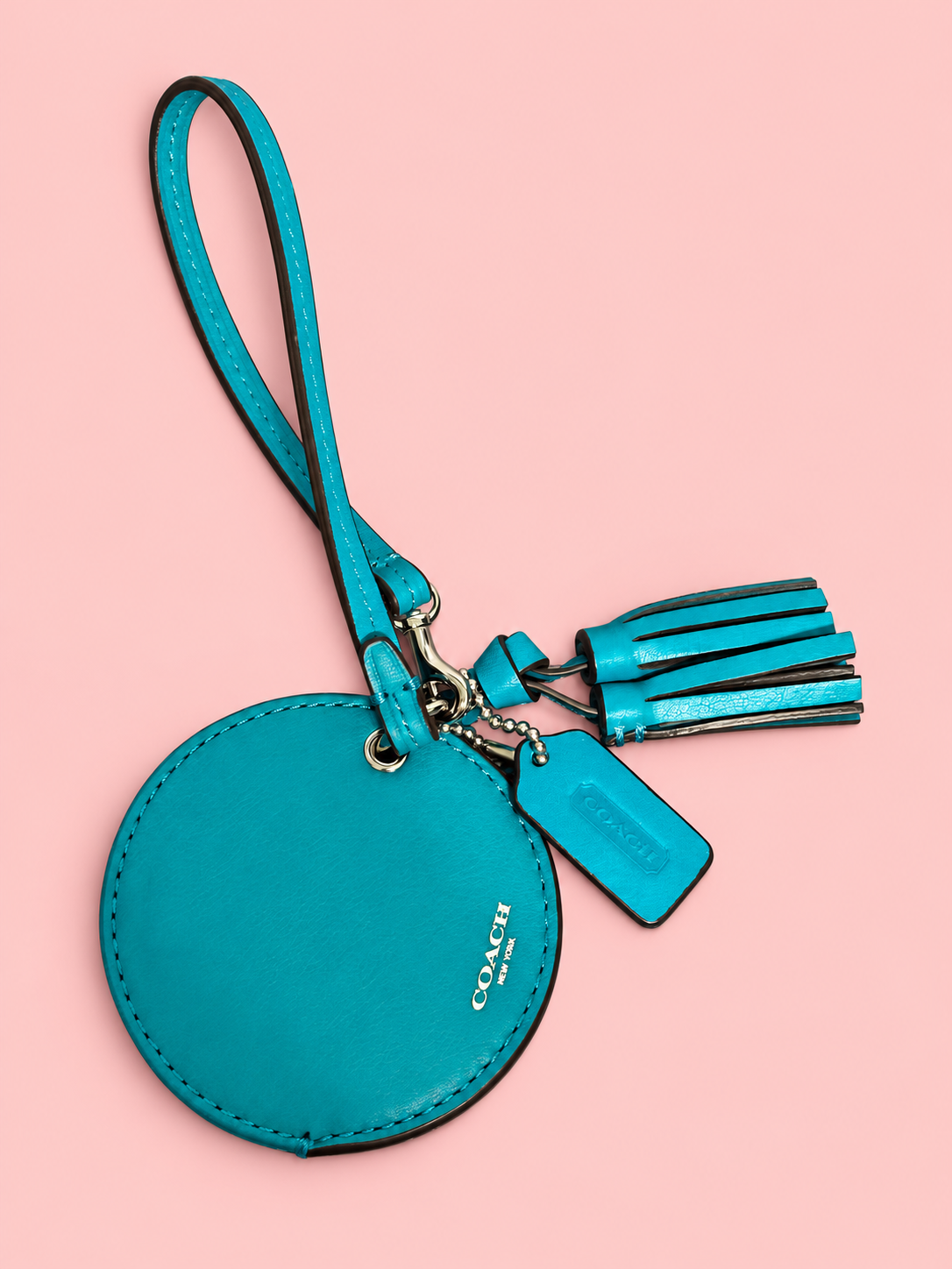 🩵 ✨ Coach Round Compact Mirror Bag Charm | Turquoise Leather with Tassel & Wrist Strap 🪞