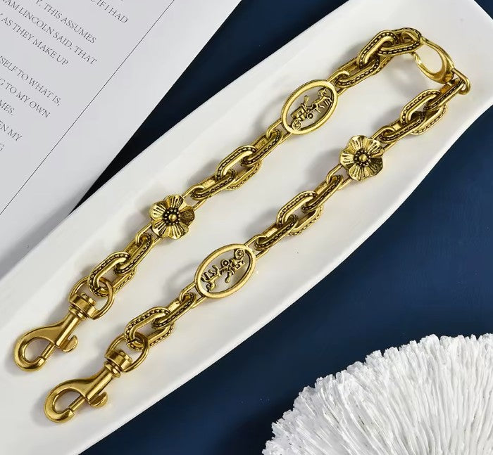 Gold Tone Purse Chain with Floral and Carriage Detail Links