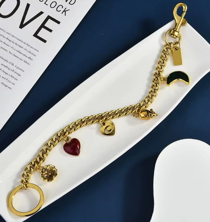 Gold Tone Purse Charm Chain with Heart, Moon & Floral Charms