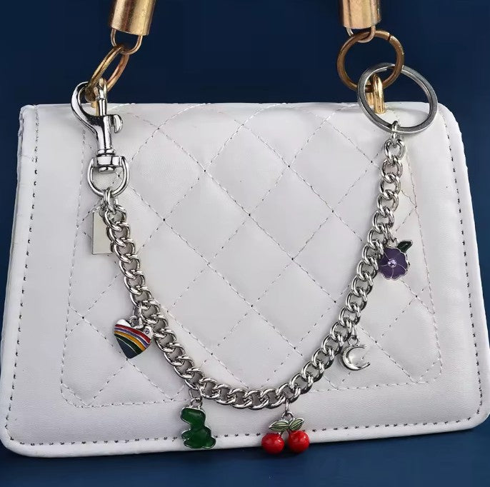 Silver Tone Purse Charm Chain with Rainbow Heart, Dino & Cherry Charms
